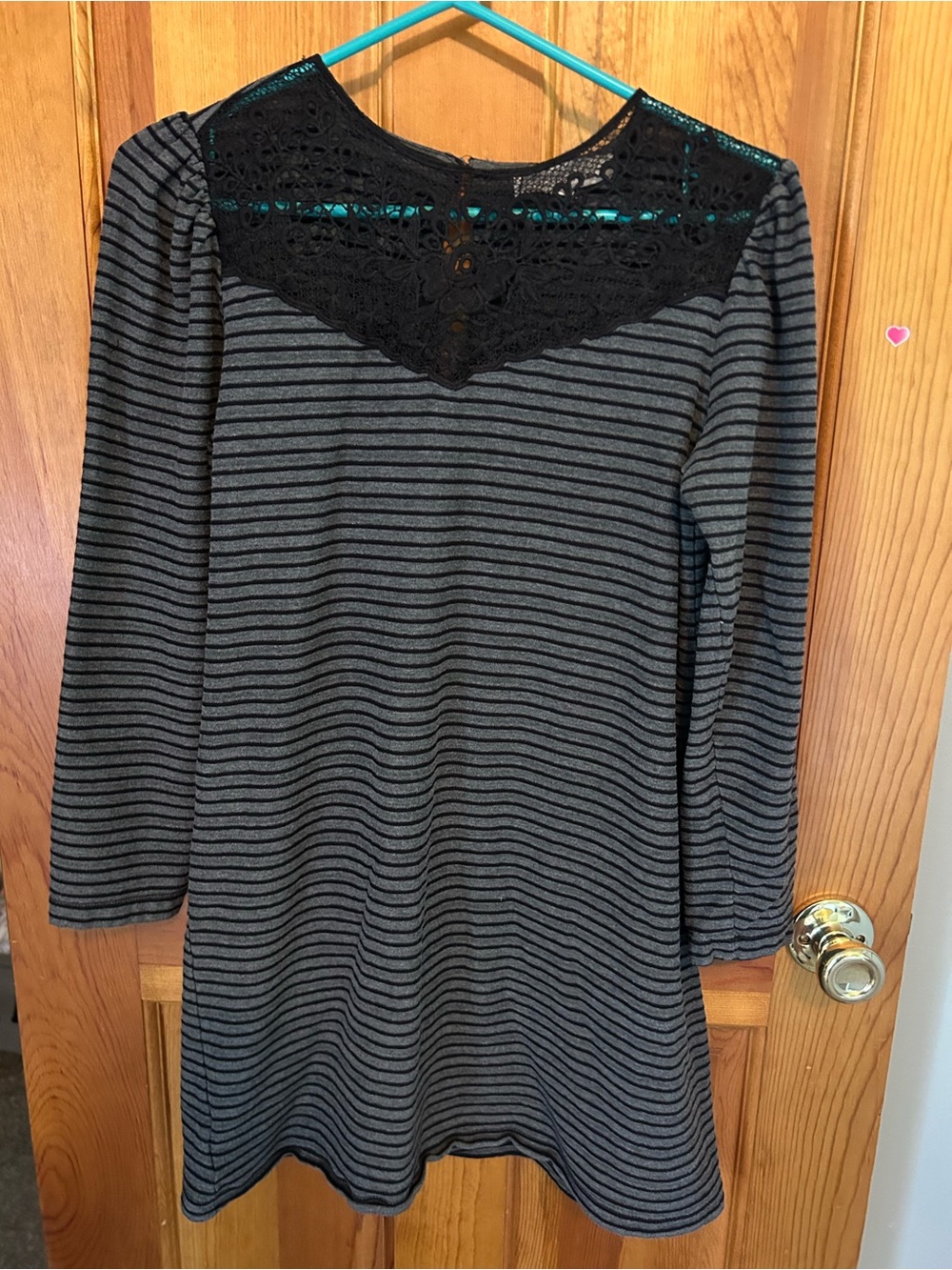 LOFT Black Lace Yoke Gray and Black Striped Long Sleeve Dress